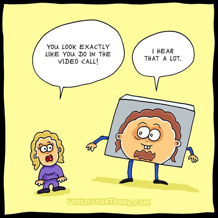 Absurd comic by Ohne Sinn: person with a video call box head chatting with surprised woman.