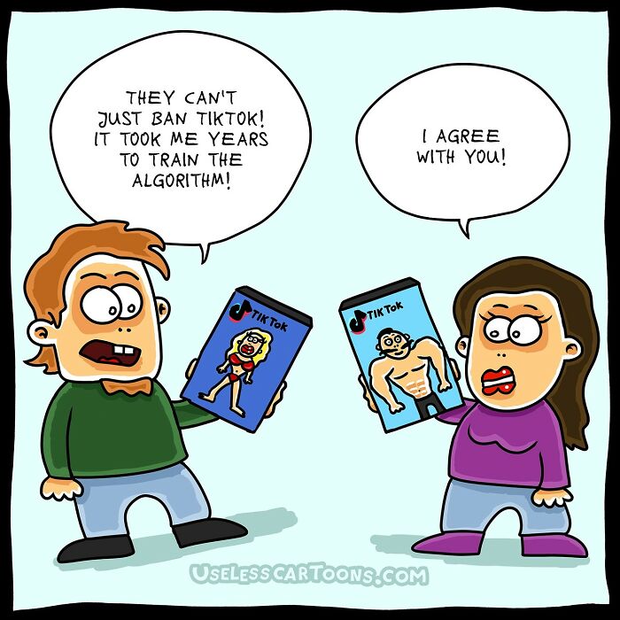 Cartoon characters discussing TikTok ban, holding phones with absurd drawings from Ohne Sinn comics.