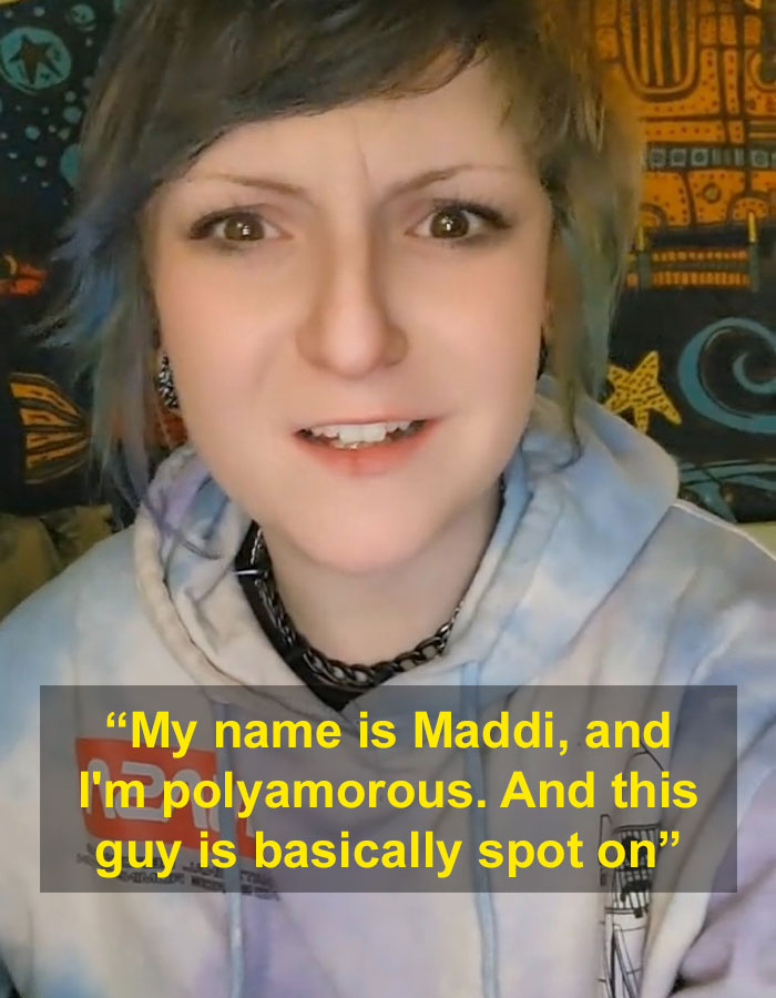 Person in a colorful hoodie discussing open relationships comment. Person in a colorful hoodie discussing open relationships comment.