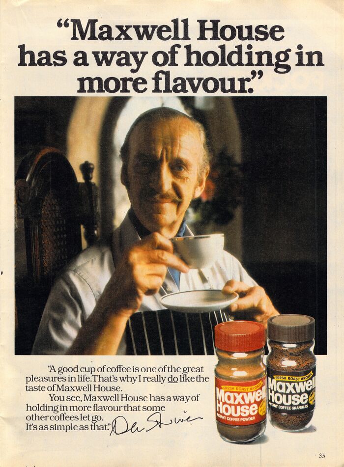 Elderly man enjoying coffee alongside vintage Maxwell House advertisement for Vintage-Commercials.