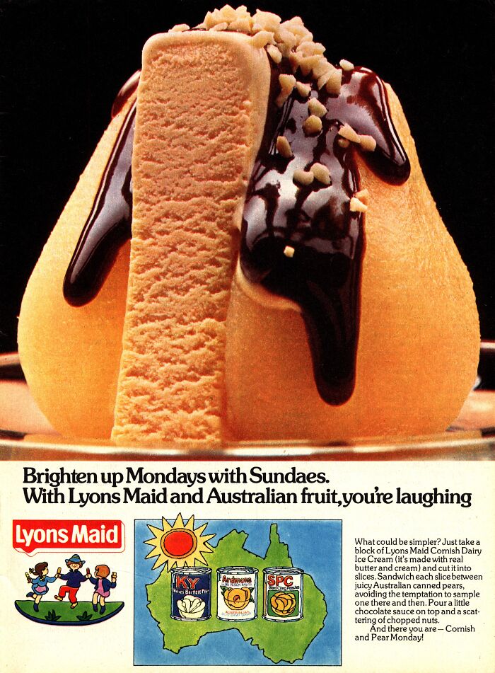 Vintage-commercials: A retro ice cream sundae with chocolate sauce and nuts from Lyons Maid, featuring Australian fruit.