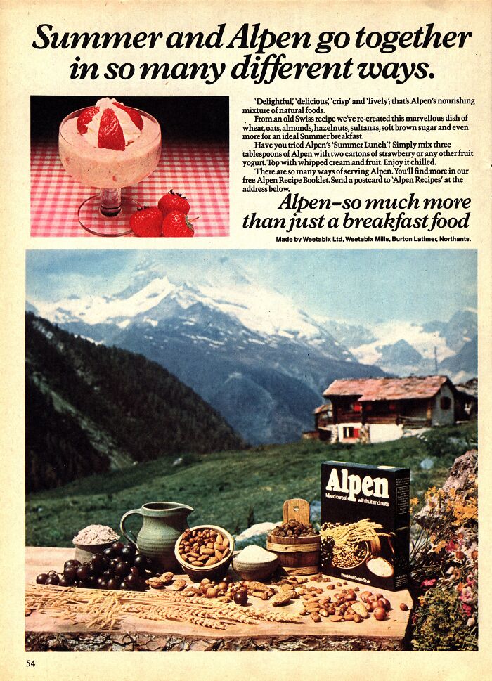 Vintage-Commercials ad for Alpen cereal in a scenic mountain setting, featuring ingredients and a yogurt dessert.