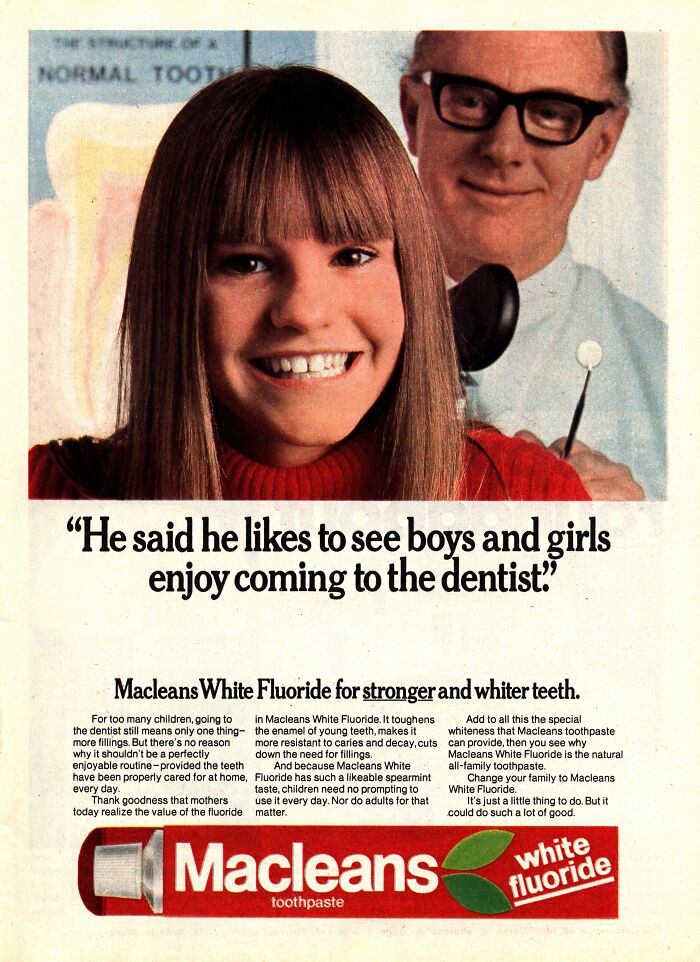 Smiling girl and dentist in a vintage-commercial for Macleans toothpaste promoting children's dental visits.