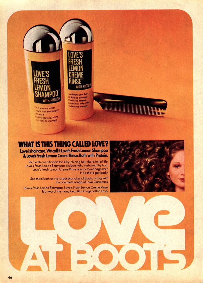 Vintage-Commercials ad for Love’s Fresh Lemon Shampoo and Creme Rinse with a comb and model, featuring bold text.