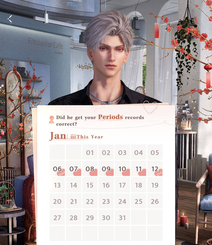 Period tracker in mobile game interface featuring a calendar and character.