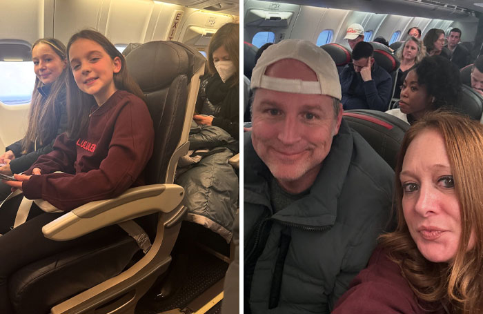 Airplane passengers sitting, two wearing maroon sweaters, unrelated to terrifying backstories.