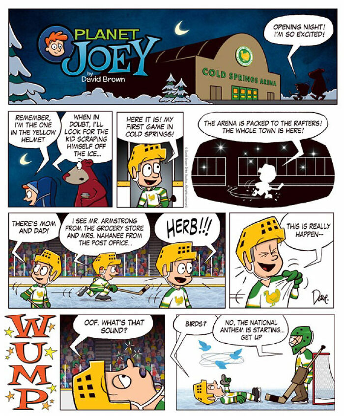 Comic strip featuring Planey Joey at Cold Springs Arena, excited for his first hockey game and interacting with the crowd.
