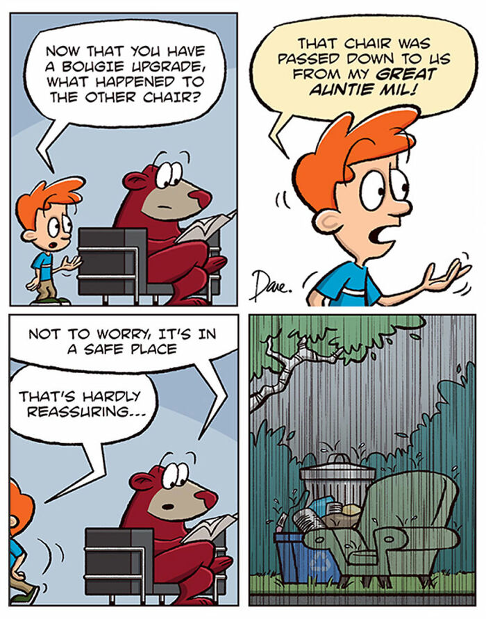 Planey Joey comic strip with a boy and a bear discussing a chair's safe place.