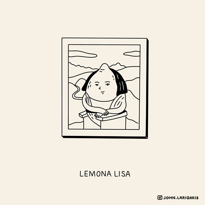 Illustration by John Larigakis of a lemon-headed figure in a style similar to the Mona Lisa, labeled "Lemona Lisa."
