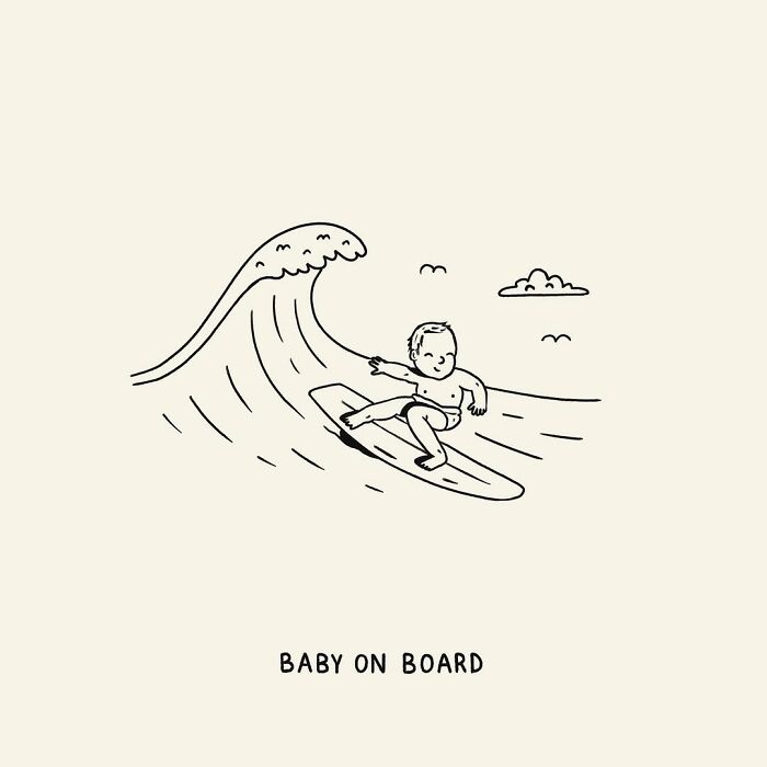 Illustration by John Larigakis of a baby surfing on a wave with text "Baby on Board" underneath.