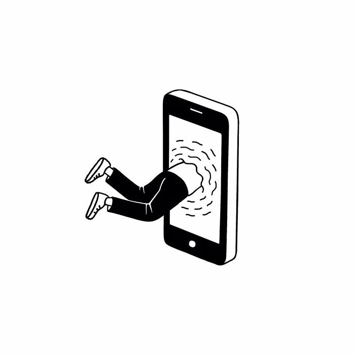 Illustration by John Larigakis of legs entering a smartphone screen in a playful, surreal style.