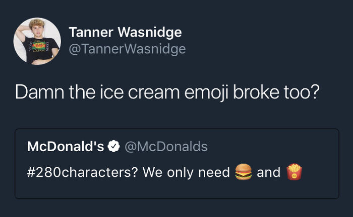 Tweet with clever comebacks about emoji use between Tanner and McDonald's.