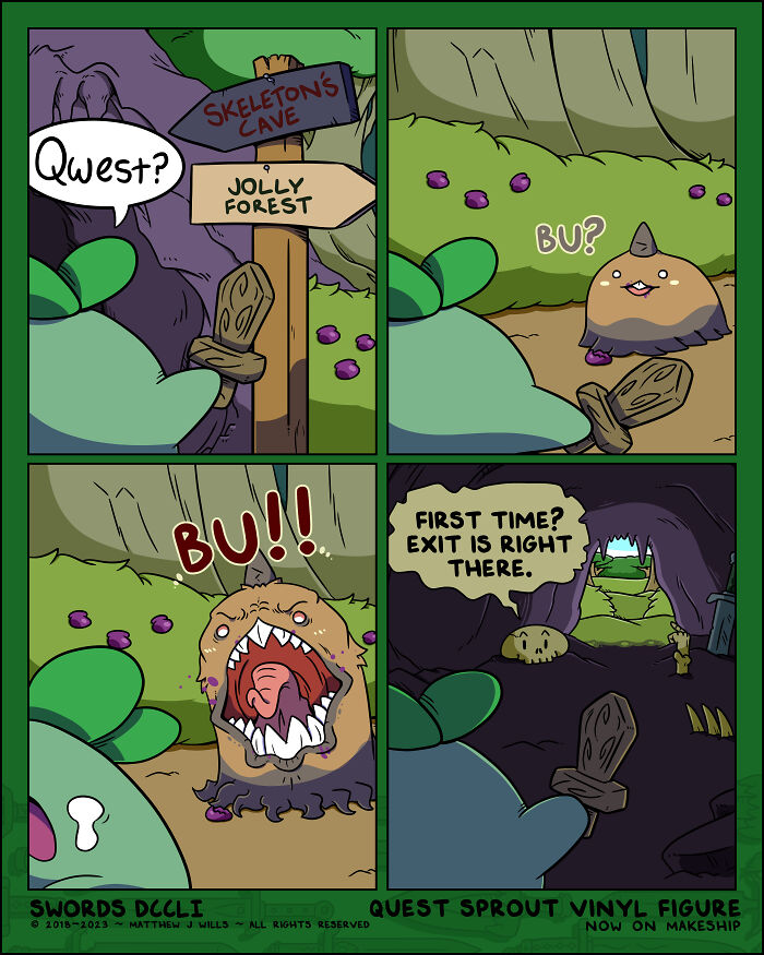 Comic featuring a fantasy world with a creature questioning directions and getting surprised. Swords are depicted throughout.
