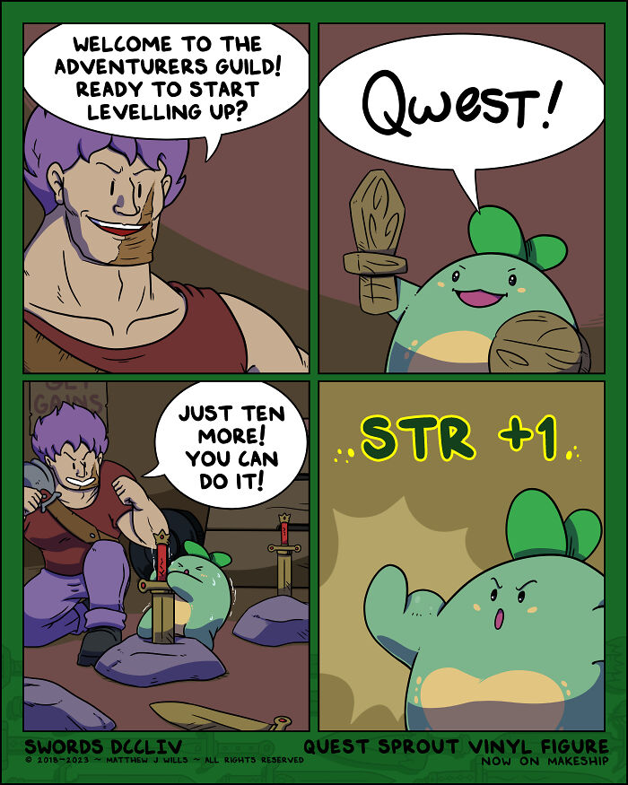 Comic about a fantasy world, featuring characters with swords, engaging in a quest with dialogue about leveling up.