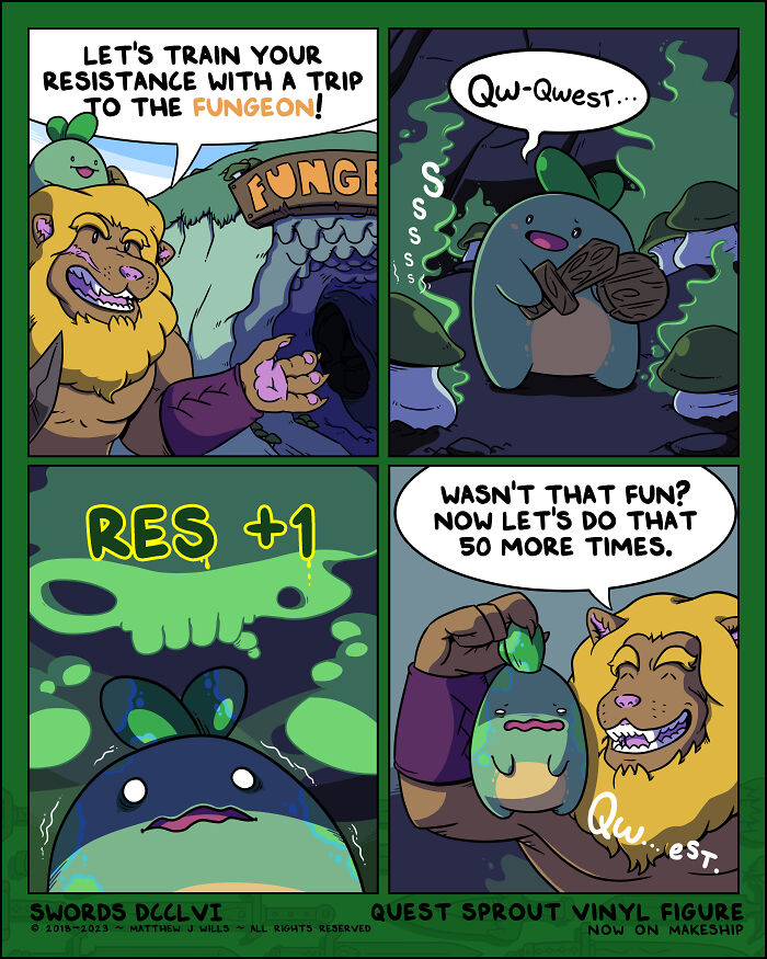 Fantasy comic with characters training resistance in a dungeon, featuring a bear-like creature and a small green character.