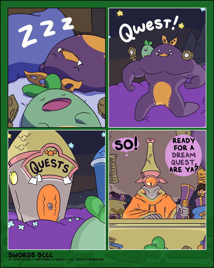 Comic about a fantasy world where creatures prepare for a sword-themed dream quest.
