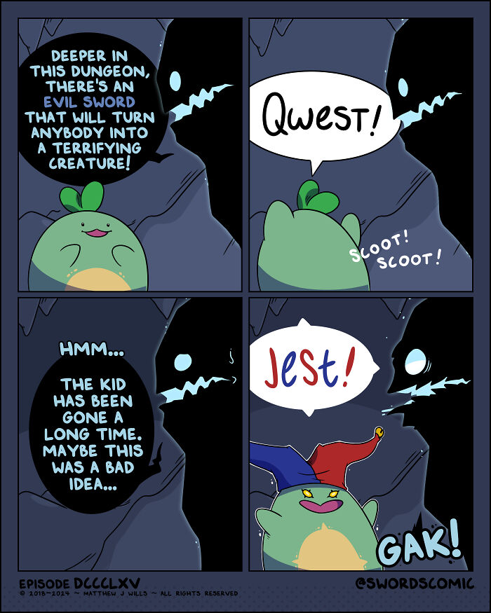 Comic strip about a fantasy world where swords are the weapon of choice, featuring a cute character on a quest.