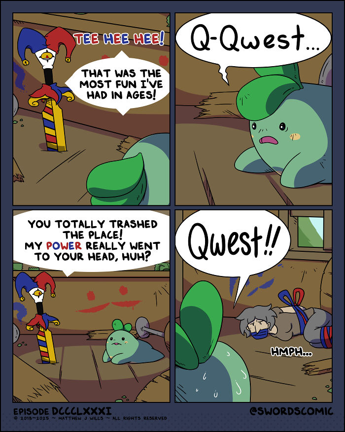 Comic scene featuring characters in a fantasy world with swords in humorous situations.