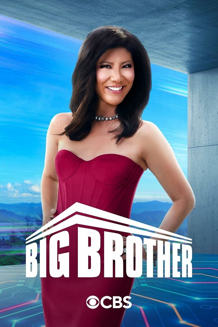 TV show host in a red dress for "Big Brother" promotional image, with digital background.