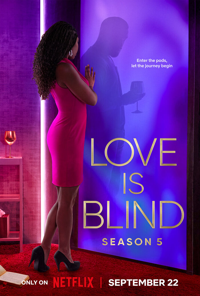 Woman in pink dress at a purple-lit wall with the title "Love is Blind Season 5" promoting TV show authenticity.