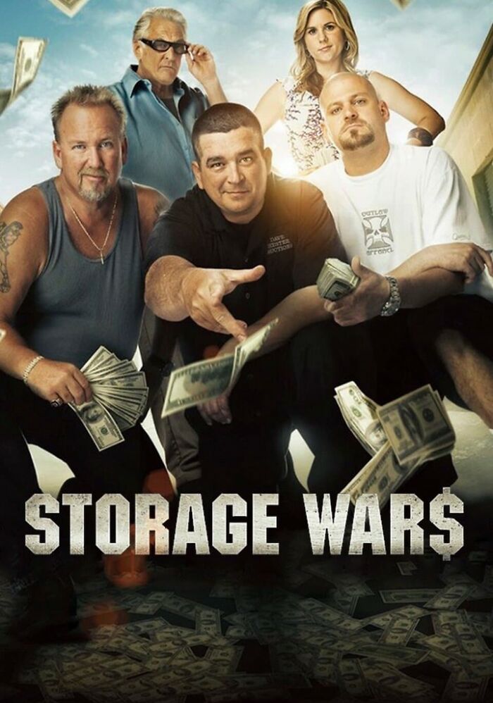 "Cast of a TV show holding cash with floating bills, showcasing themes of authenticity and reality."