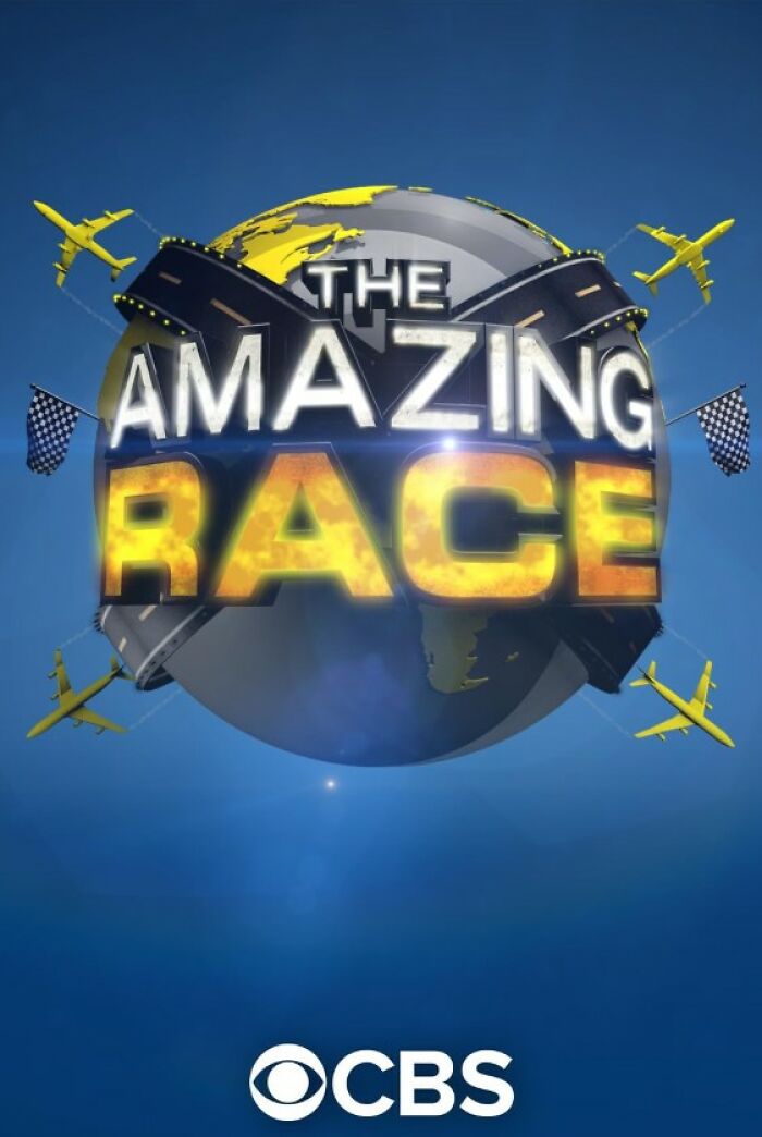 “The Amazing Race logo with globe and yellow airplanes highlights TV show authenticity theme.”