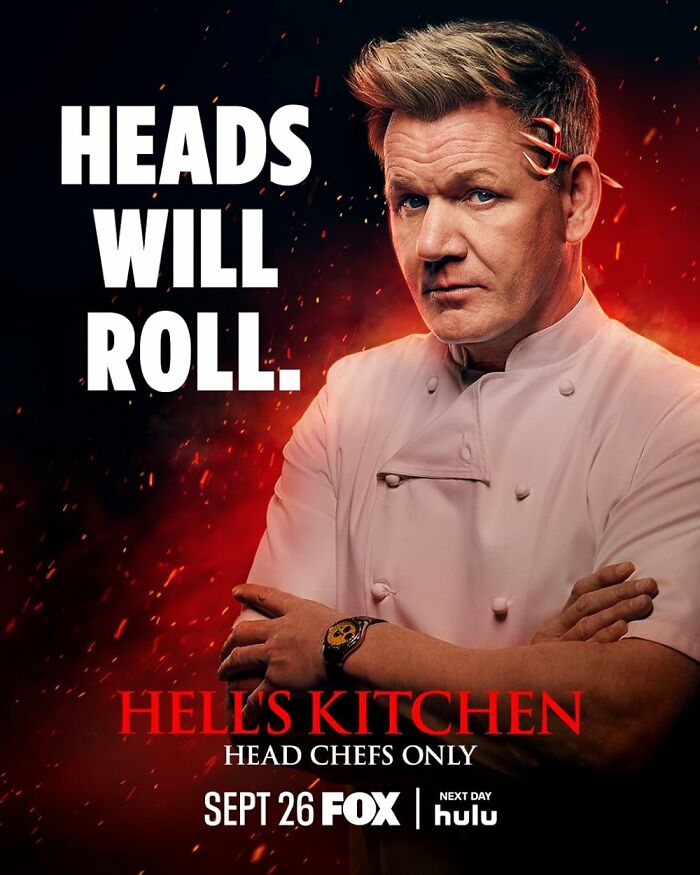 Chef in a white uniform on "Hell's Kitchen" promo, arms crossed, with the text "Heads Will Roll" and fiery background.