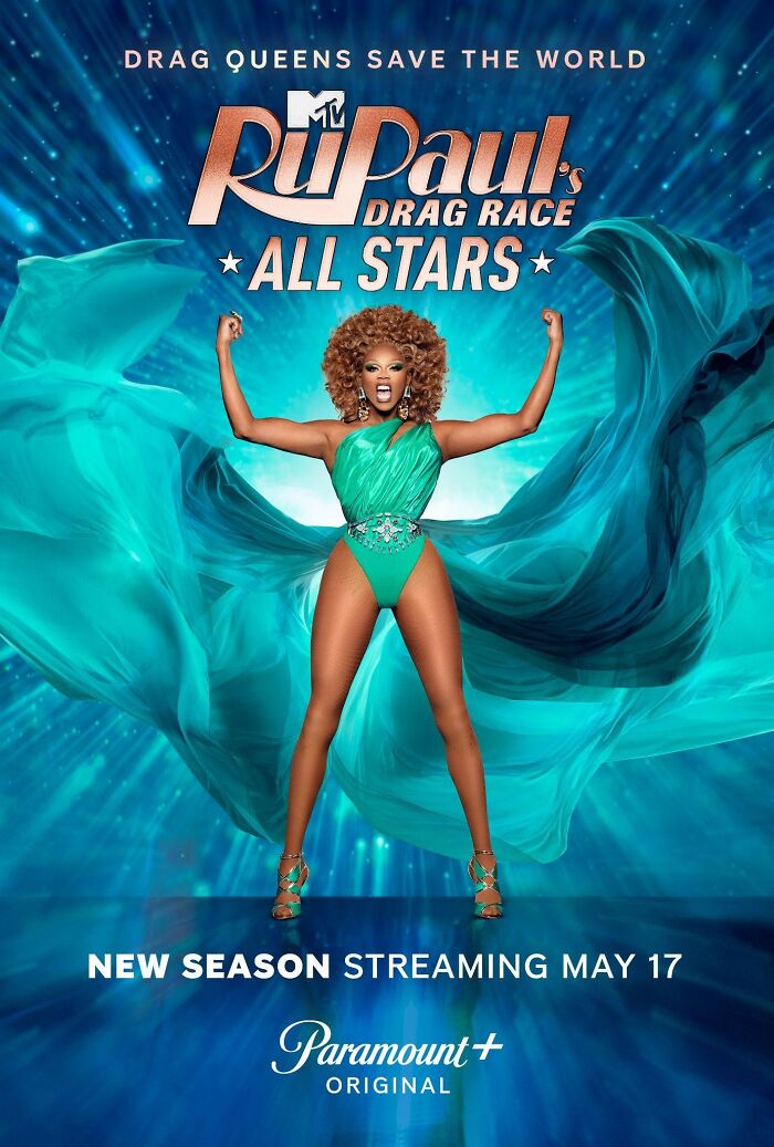 "RuPaul's Drag Race All Stars promotional image, featuring drag queen in turquoise outfit; new season streaming May 17."