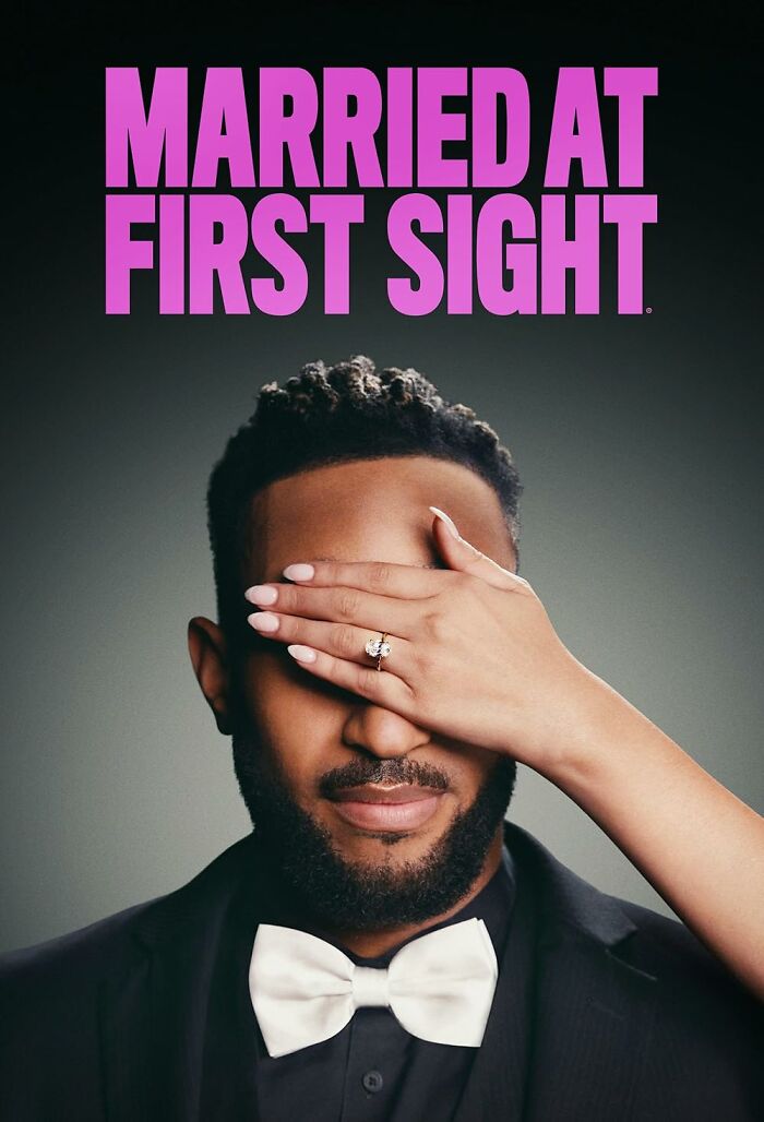 Man in tuxedo with hand over eyes; text reads "Married at First Sight." TV show authenticity concept.