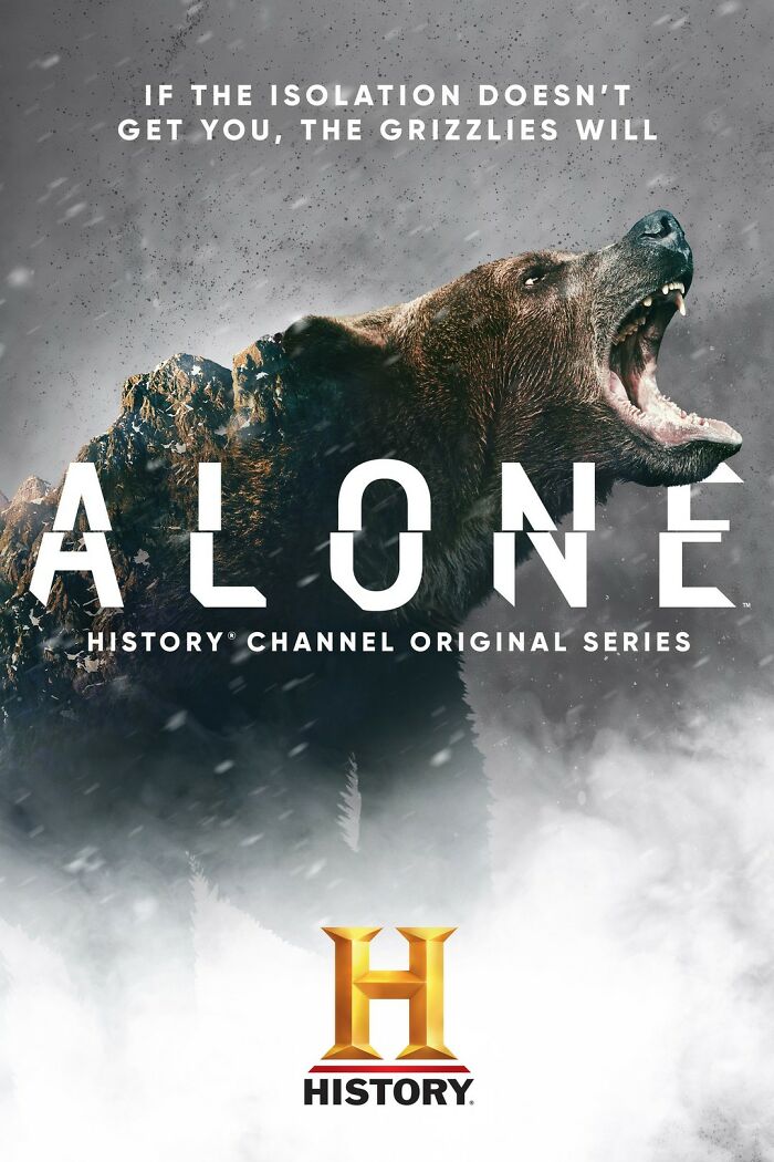 Authenticity: TV show "Alone" poster featuring a roaring grizzly bear.