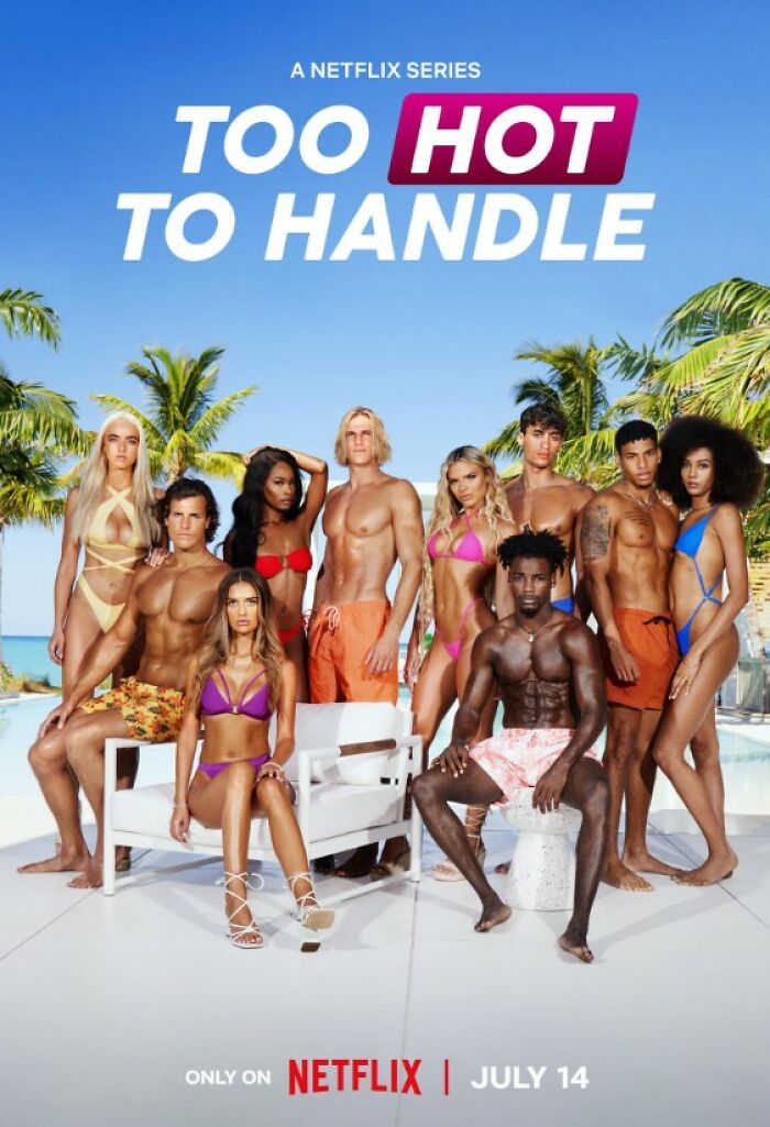 Young cast of "Too Hot to Handle" in swimwear, lounging by a tropical pool, showcasing TV show authenticity.