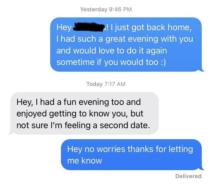 Confusing text exchange about a potential second date ending with a polite decline.