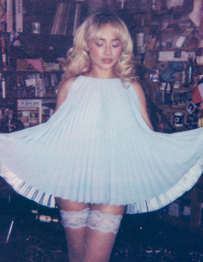 Woman in a pleated dress with lace stockings, standing in a cluttered room.