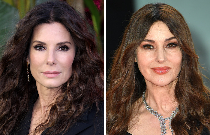 Side-by-side photos of Sandra Bullock and Monica Bellucci highlighting the impact of plastic surgery.