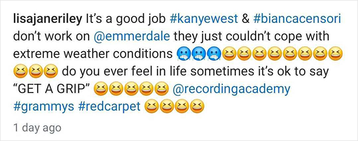 Social media post criticizing Bianca Censori's controversial Grammys dress with emojis and hashtags. Social media post criticizing Bianca Censori's controversial Grammys dress with emojis and hashtags.