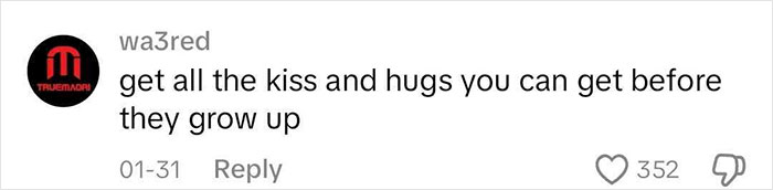 Comment about family affection with 352 likes and heart icon reaction. Comment about family affection with 352 likes and heart icon reaction.