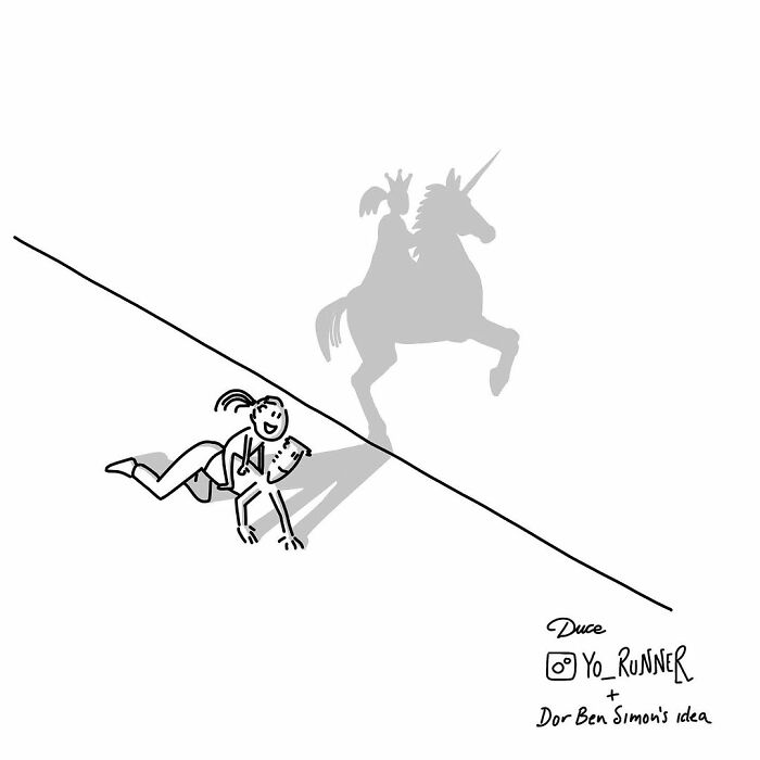 Two smiling kids playing, casting a shadow of a unicorn, illustrating wholesomeness by Sergio Duce.