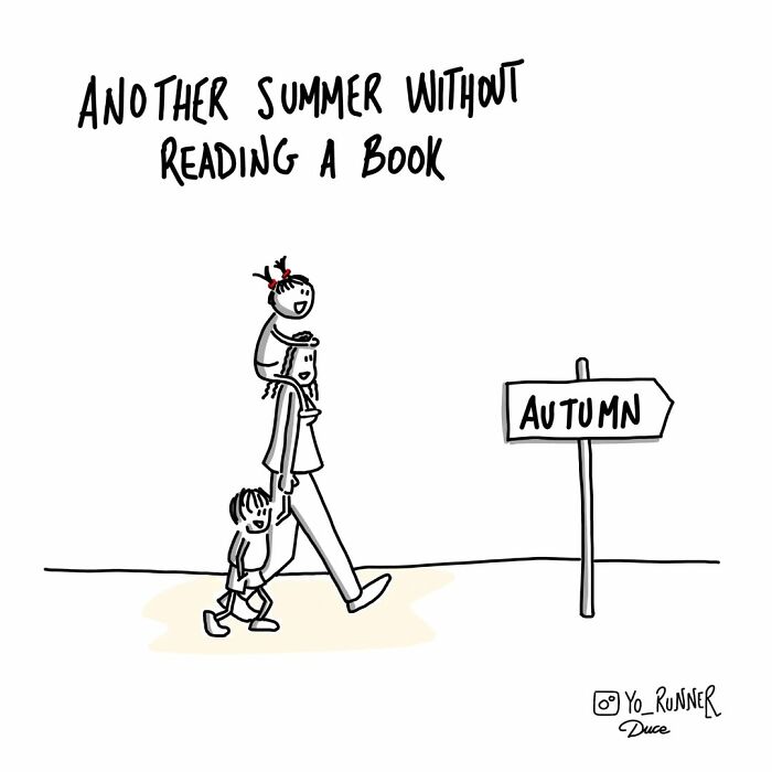 Illustration by Sergio Duce of a parent with kids walking past a sign that says "Autumn," captioned "Another summer without reading a book."