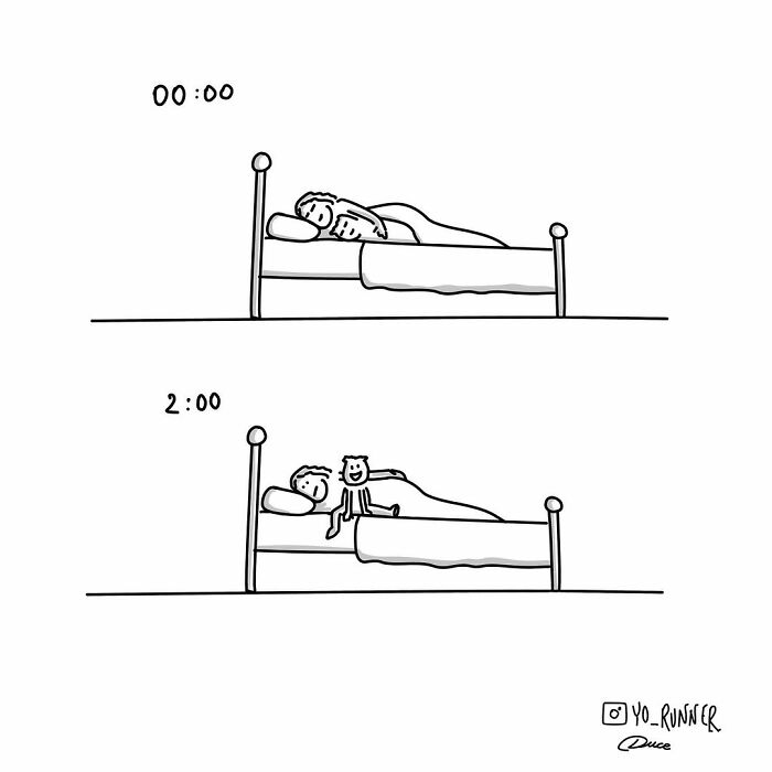 Wholesome illustration by Sergio Duce showing a couple asleep at midnight, then with a child between them at 2 a.m.
