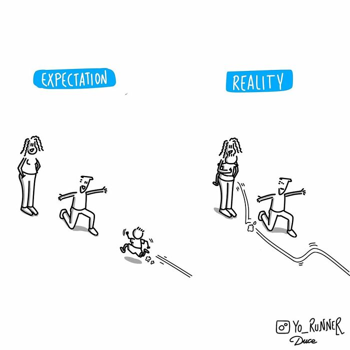 Wholesome illustration by Sergio Duce showing expectation versus reality with funny parenting moments.