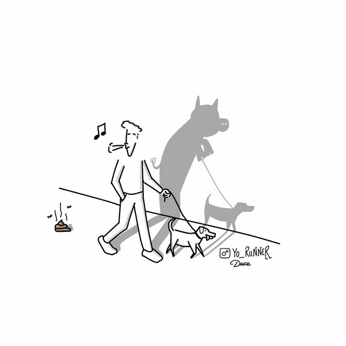 Wholesome illustration by Sergio Duce of a man walking a dog with a playful shadow.
