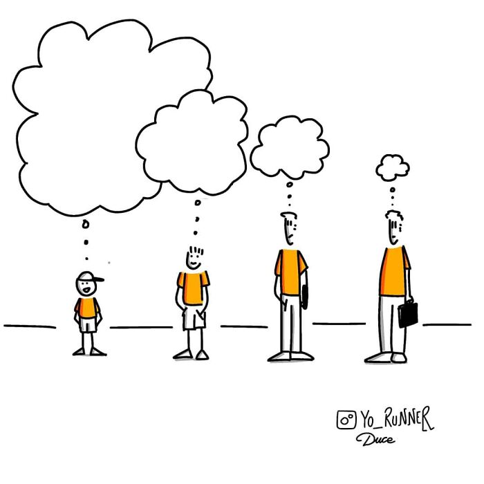 Wholesome illustration by Sergio Duce showing four figures with different sized thought bubbles.