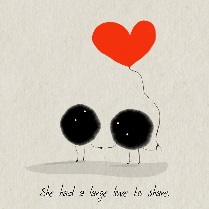 Two simple figures holding a heart-shaped balloon illustrate life's values of love and simplicity.