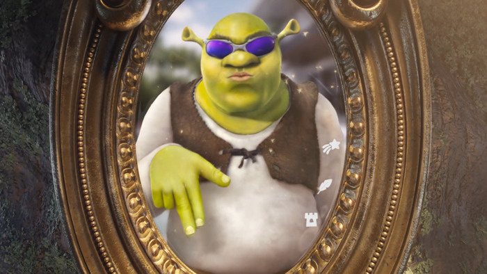 Shrek in a gold-framed mirror, sporting sunglasses and a laid-back pose, highlighting "clean" animation style.