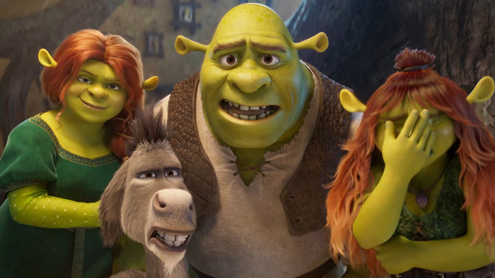 Shrek 5 teaser scene showing main characters with clean animation style and humorous expressions.
