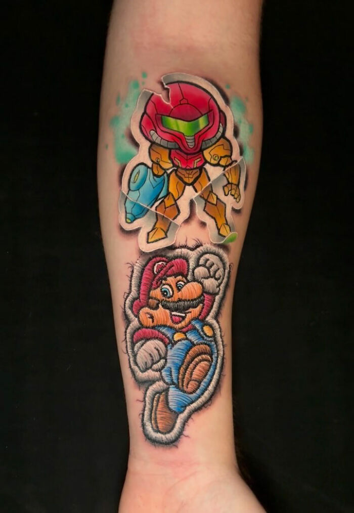 Realistic-looking embroidery tattoo featuring animated characters on forearm, showcasing intricate stitching detail.