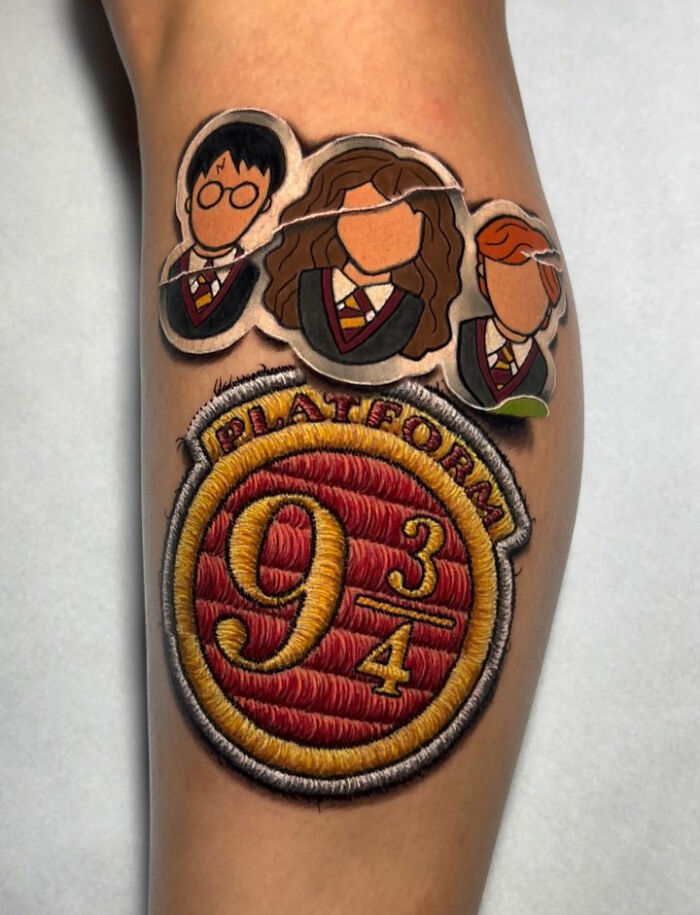 Realistic embroidery tattoo depicting platform 9¾ and three characters on an arm.