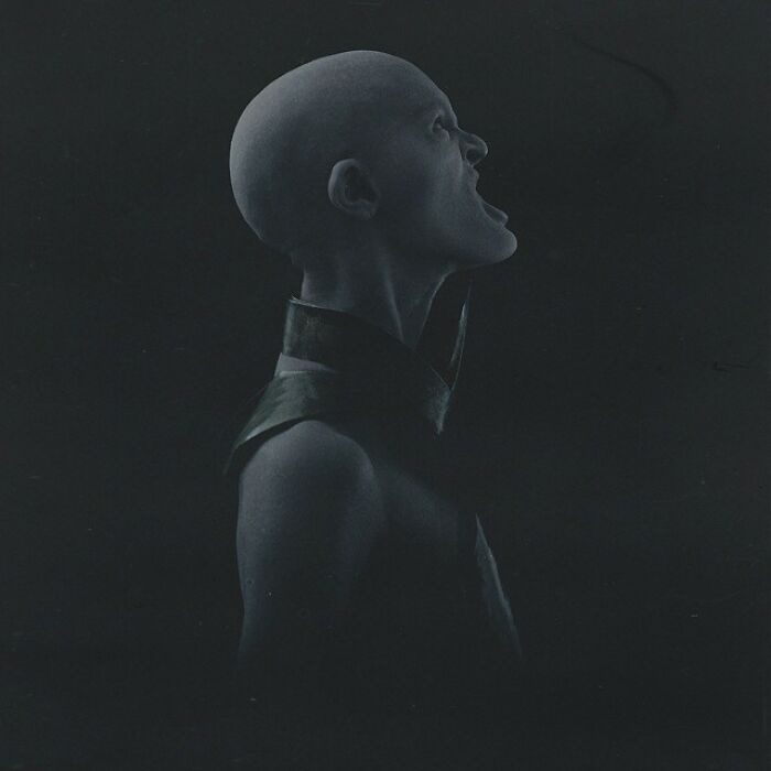 A unique model in a dramatic profile pose against a dark background.