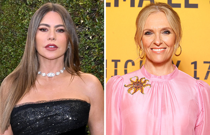 Sofía Vergara and Toni Collette side by side, showcasing same age surprise, one in a black dress, the other in a pink outfit.
