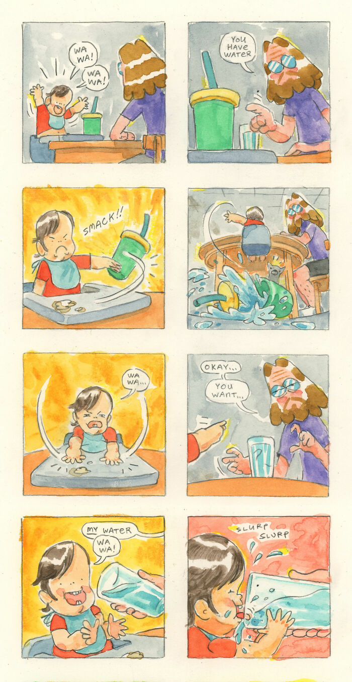 Child hilariously demanding water from parent, depicted in a wholesome comic strip by Stephen P. Neary.